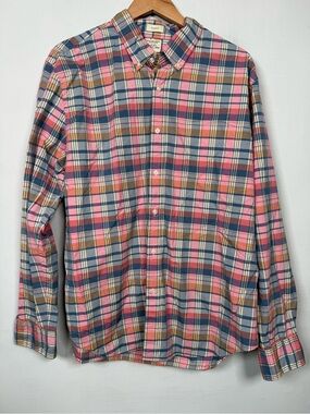 J.Crew Mens Secret Wash Button Down Shirt Classic Fit Pink Blue Plaid Size L